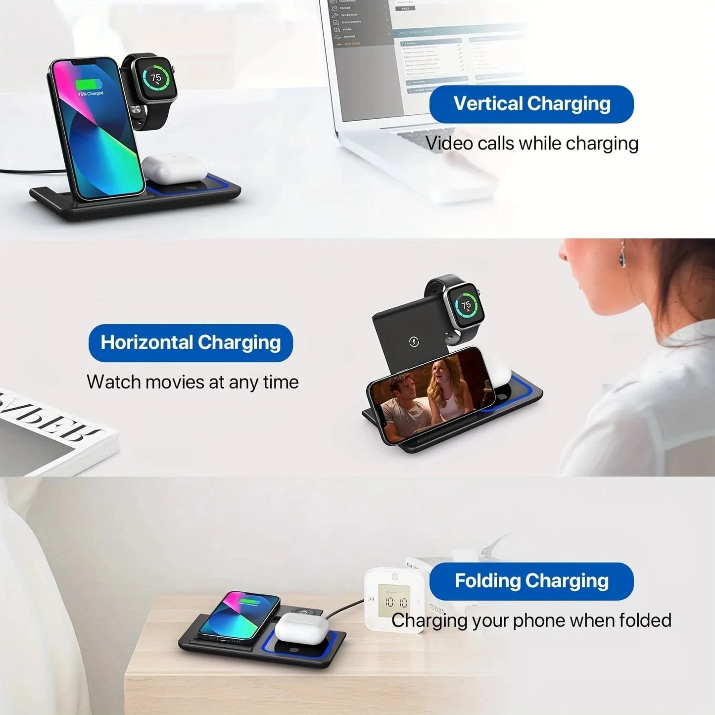 Wireless Charger iPhone Charging Station: 3 in 1 Charger Stand Multiple Devices for Apple - iPhone 15 14 13 12 11 Watch Airpods