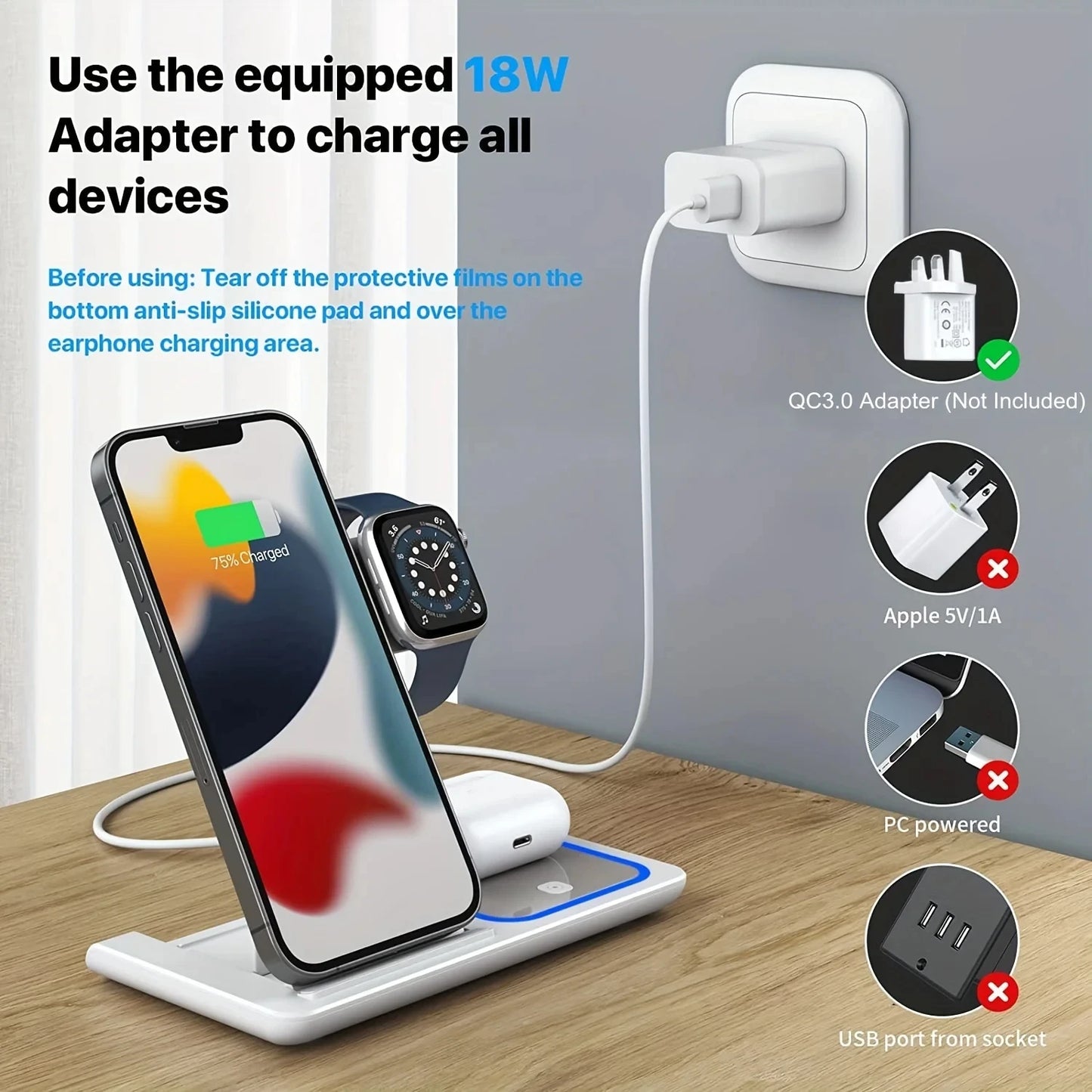 Wireless Charger iPhone Charging Station: 3 in 1 Charger Stand Multiple Devices for Apple - iPhone 15 14 13 12 11 Watch Airpods